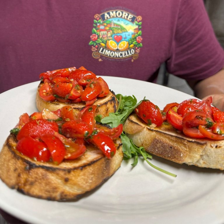 Classic Italian bruschetta with fresh tomatoes, garlic, and basil at Amore & Limoncello, Fulham