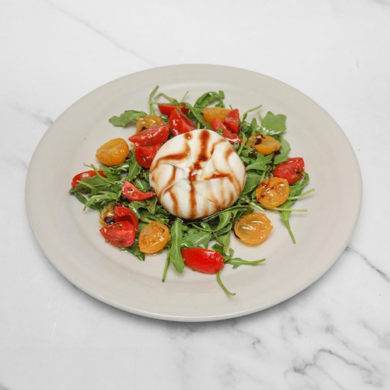 Burrata Piennolo (GF) (New) Fresh burrata with ripe tomatoes and basil at Amore & Limoncello, Fulham